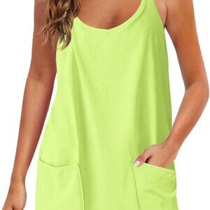 Lime Green Women's Summer Mini Dress with Pockets, V Neck, Spaghetti Straps, Siz